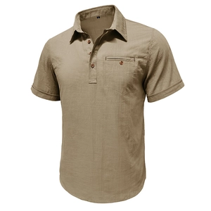 Men's khaki cotton linen short sleeve beach shirt with half-button collar and chest pocket