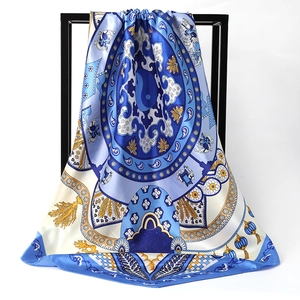 Royal blue satin square scarf with baroque equestrian horse print and golden tassels