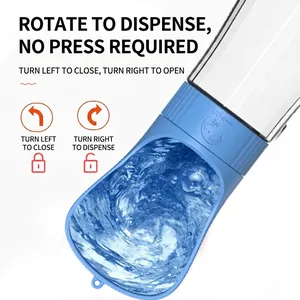 Portable pet water bottle with blue trough and rotary switch for dogs and cats