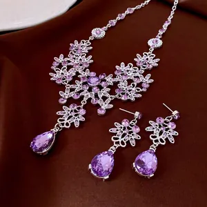 Vintage purple crystal flower jewelry set with necklace and drop earrings for evening wear