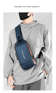Waterproof blue chest bag for men with USB port and secure anti-theft combination lock