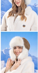 Close-up of fluffy white faux fur collar and matching thermal winter aviator hat