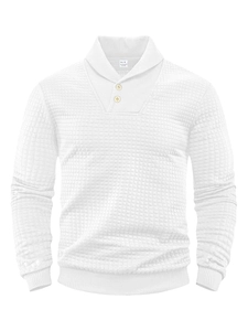 Detailed texture of white waffle knit fabric with buttoned polo collar on men sweatshirt