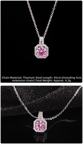 Macro shot of pink zircon perfume bottle pendant necklace in titanium steel