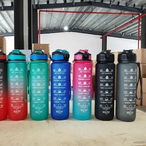 1000ml sports water bottle with gradient color, time markers and portable carry strap