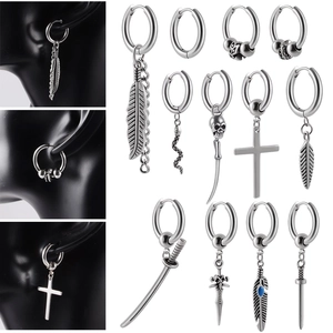 Punk Stainless Steel Hoop Earrings With Cross Sword Snake Skull Feather Dagger Pendants Gothic Unisex Hip Hop Jewelry