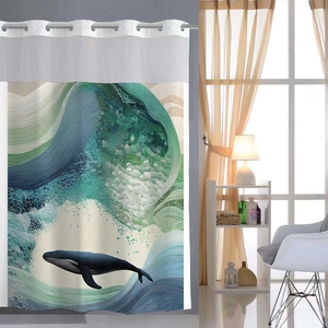 Detail of waterproof shower curtain featuring Ukiyo-e style whale and wave art print