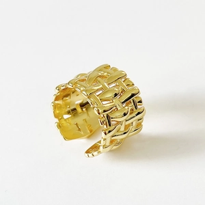 Polished gold 925 silver wide woven bamboo pattern open ring with minimalist design