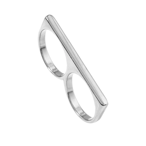 Polished silver double finger ring in stainless steel with minimalist punk style design