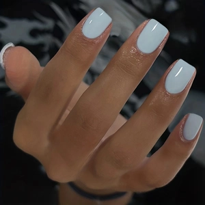 Short Square Press On Nails Solid Light Blue Glossy Full Cover Artificial False Nails Daily Manicure