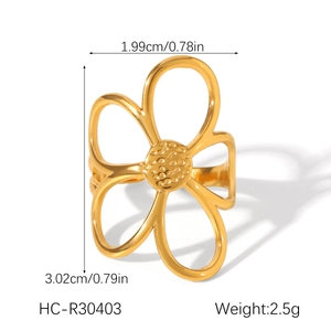 Detailed view of hollow flower ring with size 1.99x3.02cm and 2.5g weight info