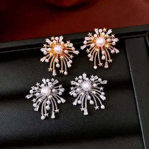 Firework Starburst Artificial Pearl Earrings Zircon Copper Jewelry With Silver Earring Post For Women Elegant Luxury Accessory