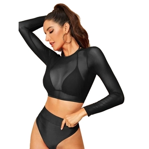 Three-piece black mesh long sleeve bikini set with high waist bottom for beachwear