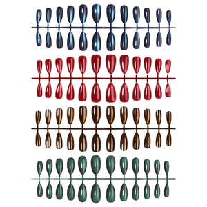 Four-color cat eye press-on nail set in deep blue, red, amber, and dark green tones