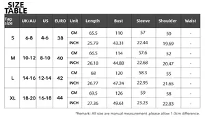 Detailed size chart for women casual button long sleeve jacket with US UK EU measurements