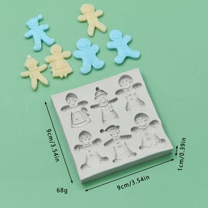 Gray silicone snowman gingerbread man baking mold with 6 cavities and finished resin models