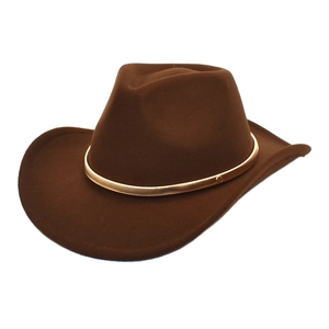 Close-up of a dark brown western wool fedora with a decorative gold metal band