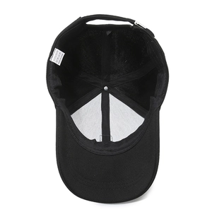 Interior view of black polyester baseball cap showing adjustable buckle and sweatband