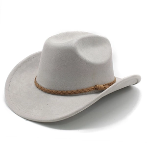 Detail of grey suede fedora hat with brown leather braided band and buckle buckle accents