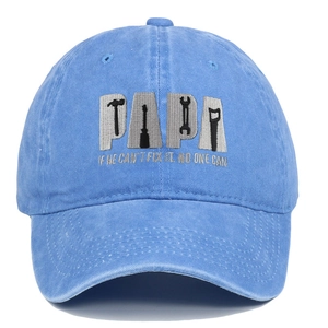 Detailed embroidery on light blue washed cotton baseball cap with Papa and tool design