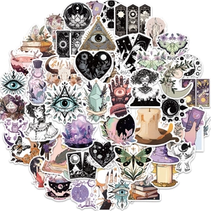 Close-up of waterproof magic witch stickers featuring crystal and tarot designs for DIY decor