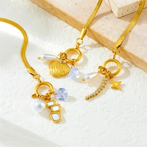 Fashion Gold Plated Stainless Steel Spliced Chain Bracelet Women Elegant Heart Artificial Pearl Crystal Geometric Charms Jewelry