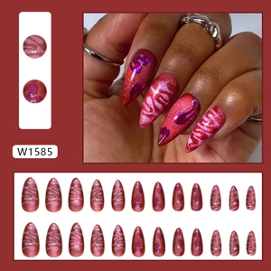 Red and purple cat eye press-on nails set with wavy flame texture and 24 pieces pack