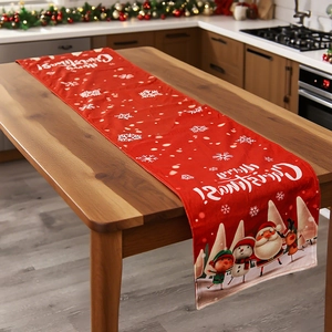 Festive red Christmas table runner with Santa Claus cartoon on a wooden dining table