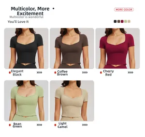 Five assorted colors of slim fit yoga shirts featuring a wide square neckline and stretchy fabric