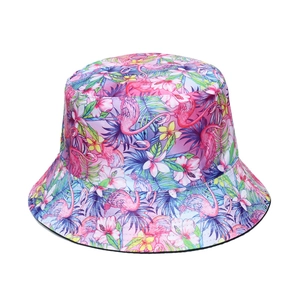 Chapeau bob rose pour femme avec imprimé tropical flamant rose et hibiscus pour la plage