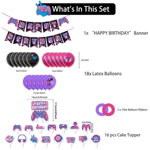 Detail of Game On birthday set with banners, gaming controller cake toppers, and balloons