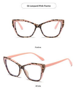 Cat eye glasses in leopard and pink finish shown from front and 45-degree angles