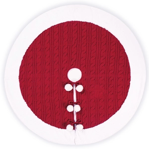 Classic red knitted Christmas tree skirt with plush white faux fur trim and pom-pom ties