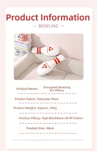 Detailed view of the bowling pin plush pillow featuring polyester fabric and 3D PP cotton filling