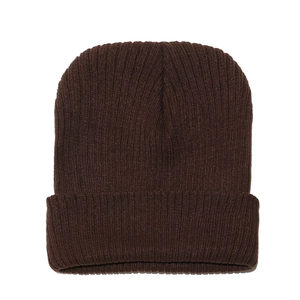Detailed close-up showing the ribbed knit texture of this dark brown winter beanie hat