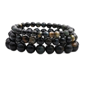 Three-piece tiger eye stone bead bracelet set with natural obsidian cat-eye effect beads