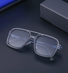 Detailed top view of dark blue square aviator sunglasses with premium metal frames