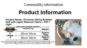 Size chart showing light-up Christmas gnome plush dimensions 28x16cm and 100g weight