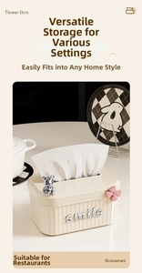 Detail of cream tissue box with silver bear, pink bow, and smile lettering ornament