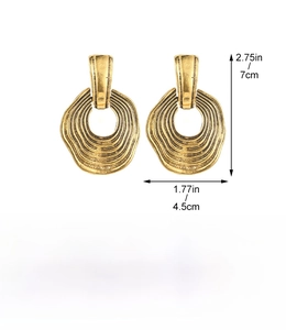 Detailed view of large gold-tone geometric textured earrings with size and weight specs