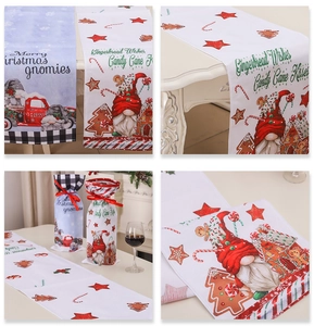 Detail of Christmas table runner and wine bottle covers with forest gnomes and snowflakes