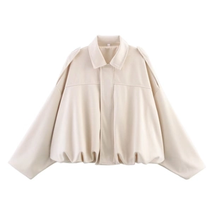Cream faux leather cropped aviator jacket with oversized fit and turn-down collar