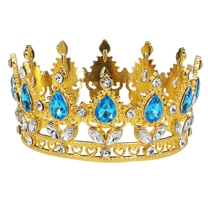Detailed view of golden baroque crown featuring blue teardrop gems and rhinestones