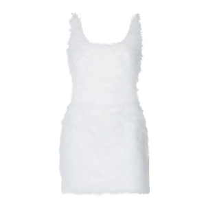Detail of white faux fur texture and seamless stitching on a sleeveless bodycon mini dress