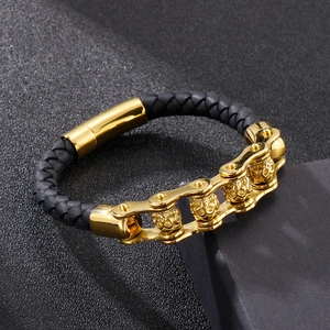 Punk style black woven leather bracelet for men with golden skull and bike chain accents