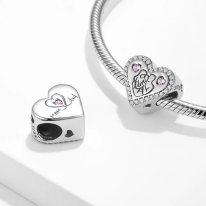 S925 sterling silver family heart charms with pink zircons and mom dad engravings