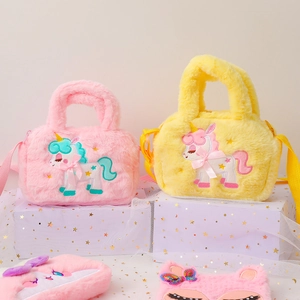 Cute pink and yellow plush unicorn crossbody handbags for girls with floral embroidery