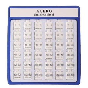 Tray of 36 pairs of round cubic zirconia stud earrings in stainless steel setting