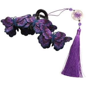 Pinza per capelli a farfalla ricamata viola stile cinese con lunghe nappe