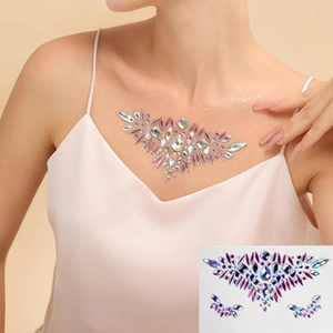 Detailed view of purple and iridescent chest rhinestone stickers set on a model skin
